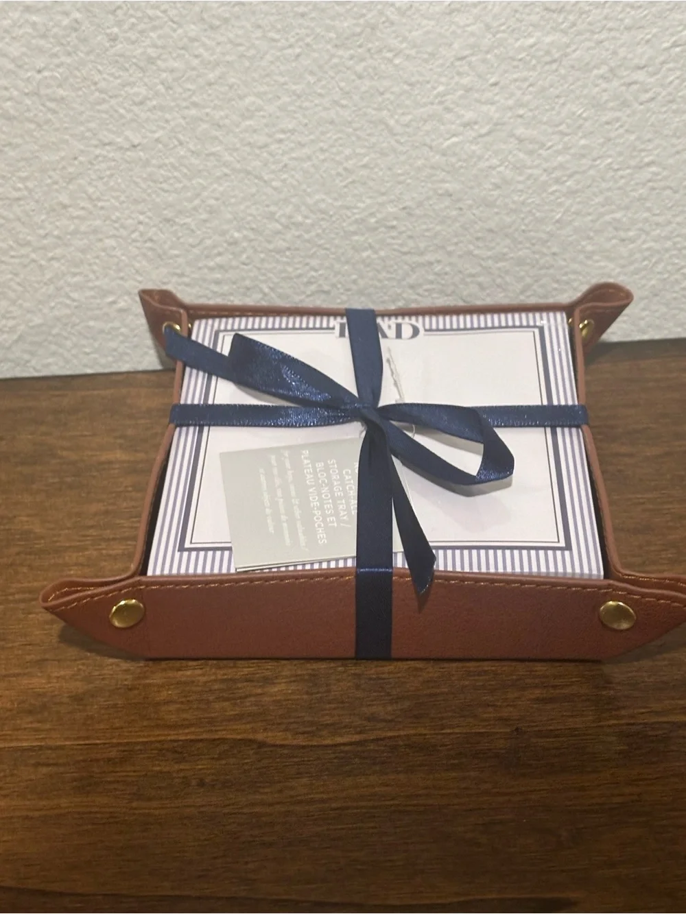 Monogrammed Dad Notepad with Faux Leather Catchall Tray with Navy Ribbon